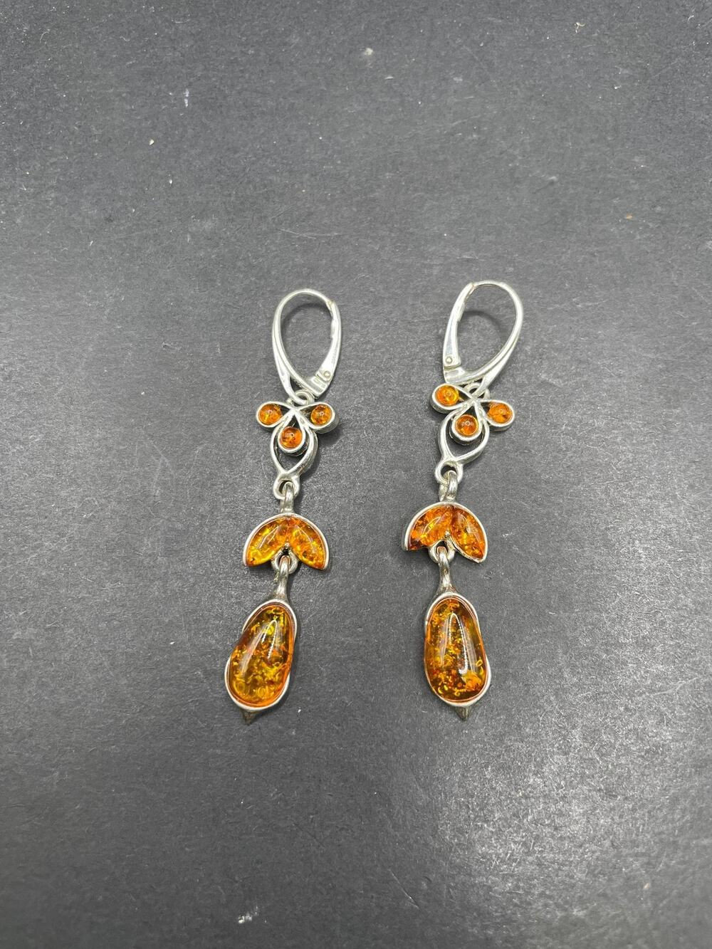 925 Sterling Silver Amber Dangle Earrings Floral Leaf Design Drop Jewelry